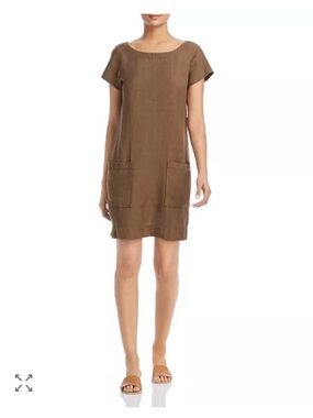 Eileen Fisher Organic Linen Tencel Crepe Boat Neck Patch Pocket Sz L Shift Dress